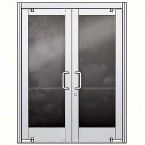 CRL Premium Brushed Stainless Aluminum Medium Stile for 1/2" Glazing; Brushed Stainless 3-1/2" Top Rail; 9-1/2" Bottom Rail; Concealed Hinge Tube Double Doors with Panic