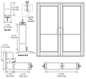 CRL-U.S. Aluminum White KYNAR® Paint Custom Pair Series 800 Durafront Medium Stile Geared Hinge Entrance Doors for Surface Mount Door Closers