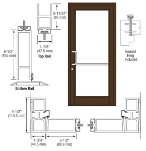 CRL-U.S. Aluminum Bronze Black Anodized Custom Single Series 800 Durafront Medium Stile Geared Hinge Entrance Door for Surface Mount Door Closer