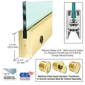 CRL Polished Brass 3/4" Glass 4" Square Door Rail With Lock - 35-3/4" Length