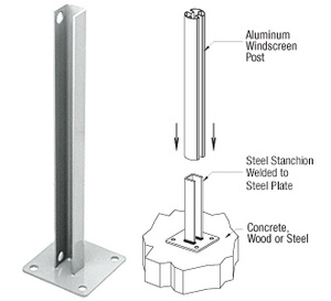 CRL Metallic Silver AWS Steel Stanchion for 180 Degree Round or Rectangular Center or End Posts