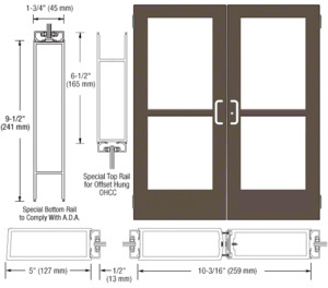 CRL-U.S. Aluminum Bronze Black Anodized Custom Pair Series 550 Wide Stile Butt Hinge Entrance Doors With Panics for Overhead Concealed Door Closers