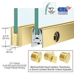 CRL Satin Brass 1/2" Glass Low Profile Square Door Rail With Lock - Custom Length