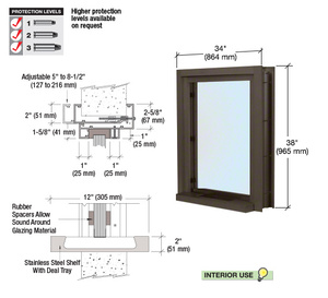 CRL Black Bronze Anodized 34" Wide x 38" High Bullet Resistant Interior Window With Surround Sound and 12" Shelf With Deal Tray