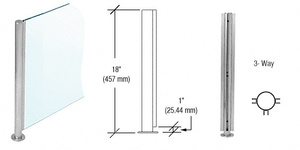 CRL Brushed Stainless 18" x 1" SBPP08 Slimline Series Round 3-Way Partition Post